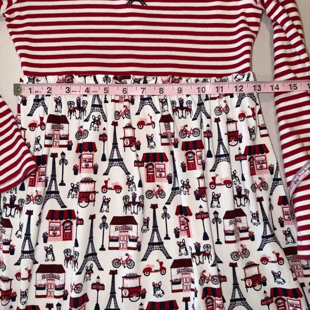 Gymboree Dress Girls Sz 12 Red Blue Fit & Flare Eiffel Tower Paris Frenchie